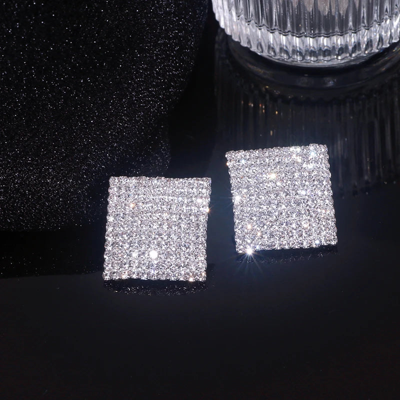 New Sparkling Crystal Heart Stud Earrings for Women Bijoux Geometric Big Square Full Rhinestones Earrings Wedding Jewelry - DripVault
