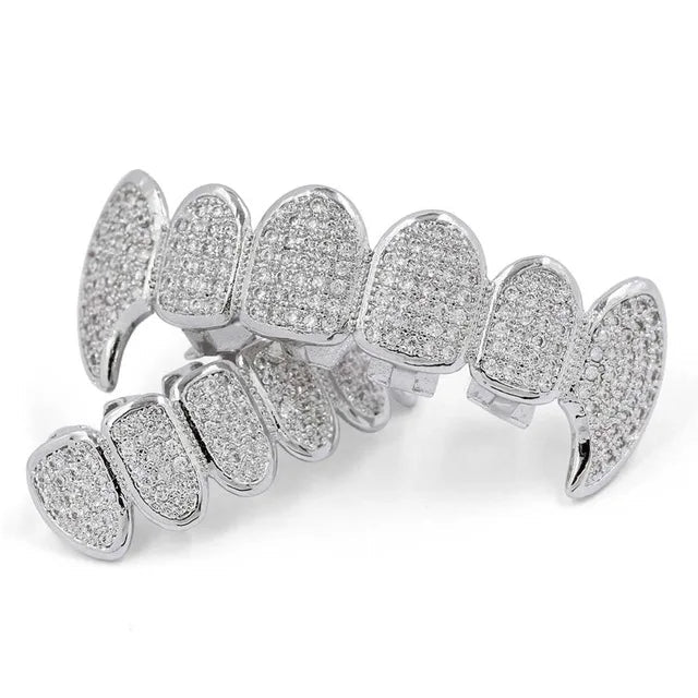 New Fit Silver Plated CZ Micro Pave Top & Bottom GRILL SET Rhodium Teeth Grills Vampire Tooth Grillz - DripVault