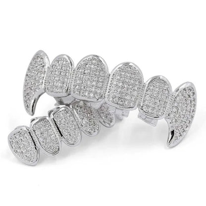 New Fit Silver Plated CZ Micro Pave Top & Bottom GRILL SET Rhodium Teeth Grills Vampire Tooth Grillz - DripVault