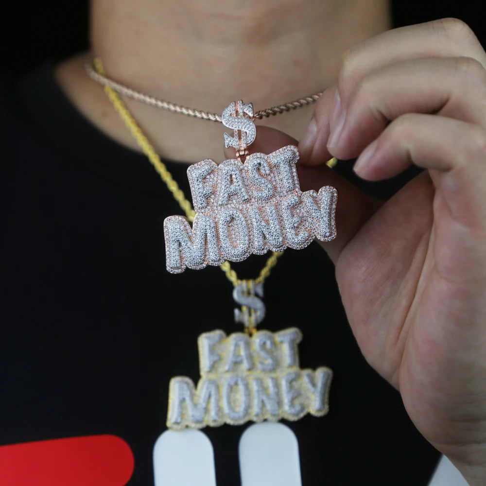 New Iced Out Bling Crown Letters Money Pendant Necklace Two Tone Color CZ Zircon Dollar Symbol Necklaces Men's Hip Hop Jewelry - DripVault