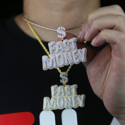 New Iced Out Bling Crown Letters Money Pendant Necklace Two Tone Color CZ Zircon Dollar Symbol Necklaces Men's Hip Hop Jewelry - DripVault