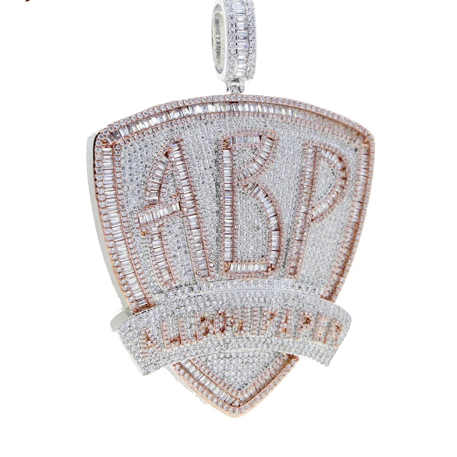 Iced Out Bling Two Tone Color CZ Letters Pendant Necklace Cubic Zirconia Various Design Badge Men Women Fashion Hip Hop Jewelry - DripVault