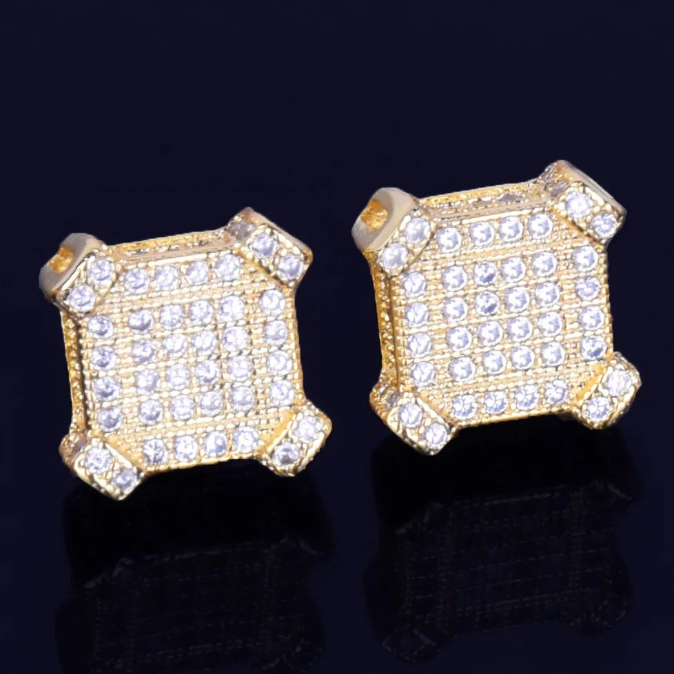 10MM Square Stud Earring Gold Color Charm Screw Back Full AAAA Zircon Women Men's Fashion Earrings Hip Hop Jewelry - DripVault