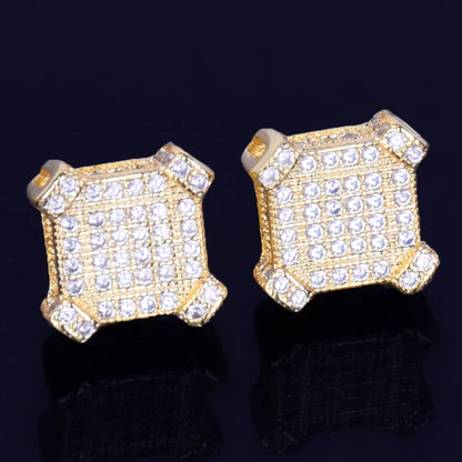 10MM Square Stud Earring Gold Color Charm Screw Back Full AAAA Zircon Women Men's Fashion Earrings Hip Hop Jewelry - DripVault
