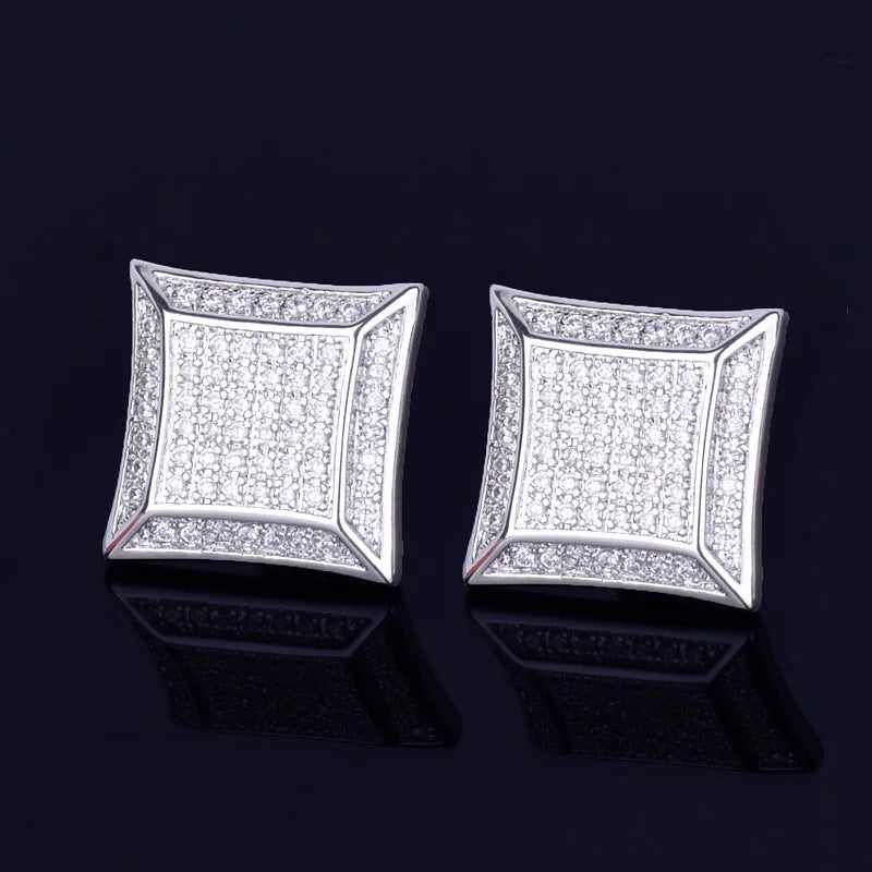 15MM Big Square Men Stud Earring Gold Color Full Cubic Zircon Screw Back Earrings Hip Hop Jewelry for Women - DripVault
