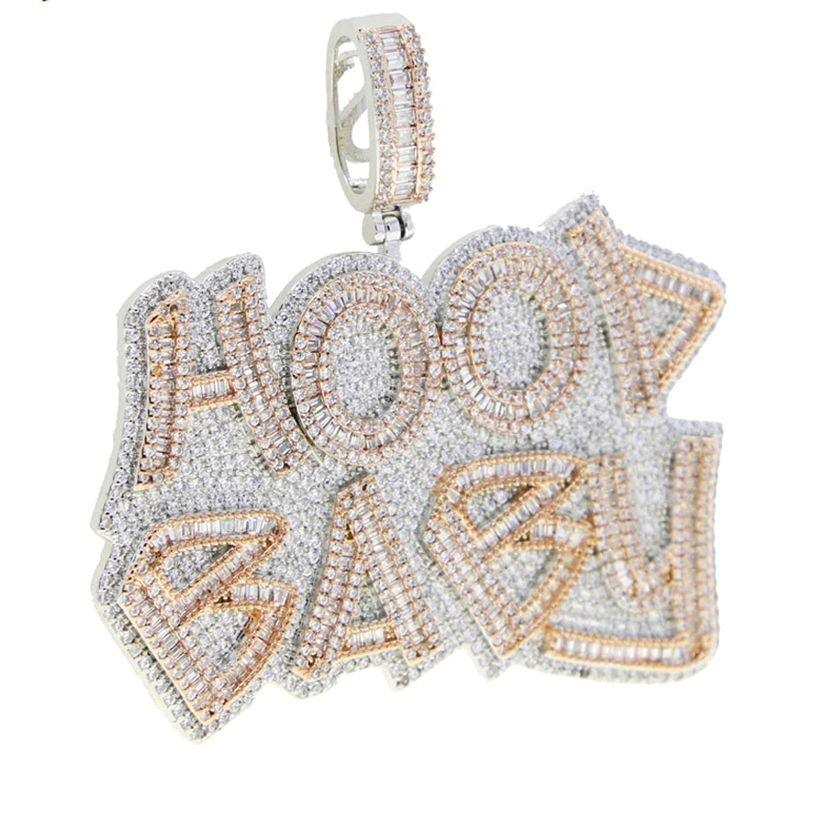 Iced Out Bling Two Tone Color CZ Letters Pendant Necklace Cubic Zirconia Various Design Badge Men Women Fashion Hip Hop Jewelry - DripVault