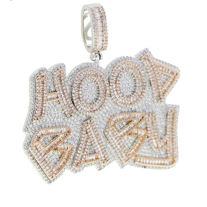 Iced Out Bling Two Tone Color CZ Letters Pendant Necklace Cubic Zirconia Various Design Badge Men Women Fashion Hip Hop Jewelry - DripVault
