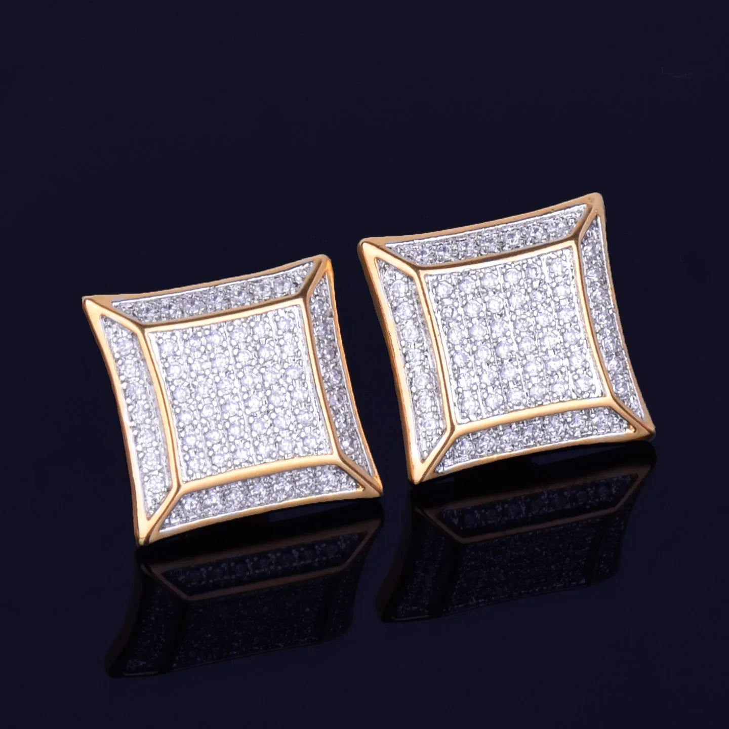 15MM Big Square Men Stud Earring Gold Color Full Cubic Zircon Screw Back Earrings Hip Hop Jewelry for Women - DripVault