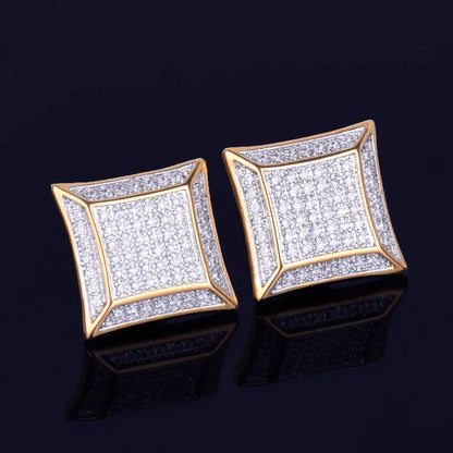 15MM Big Square Men Stud Earring Gold Color Full Cubic Zircon Screw Back Earrings Hip Hop Jewelry for Women - DripVault