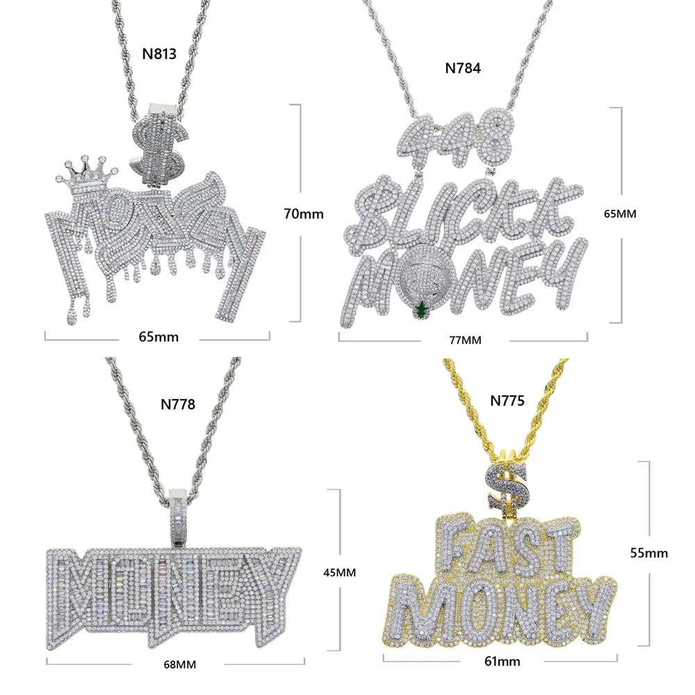 New Iced Out Bling Crown Letters Money Pendant Necklace Two Tone Color CZ Zircon Dollar Symbol Necklaces Men's Hip Hop Jewelry - DripVault