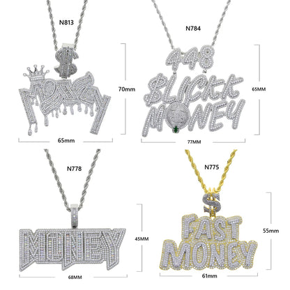New Iced Out Bling Crown Letters Money Pendant Necklace Two Tone Color CZ Zircon Dollar Symbol Necklaces Men's Hip Hop Jewelry - DripVault