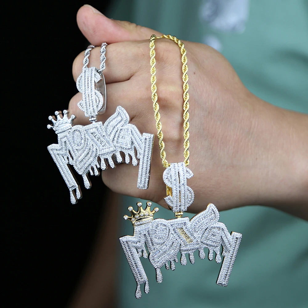 New Iced Out Bling Crown Letters Money Pendant Necklace Two Tone Color CZ Zircon Dollar Symbol Necklaces Men's Hip Hop Jewelry - DripVault