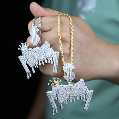 New Iced Out Bling Crown Letters Money Pendant Necklace Two Tone Color CZ Zircon Dollar Symbol Necklaces Men's Hip Hop Jewelry - DripVault