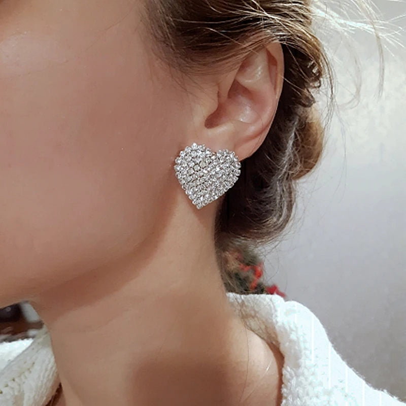 New Sparkling Crystal Heart Stud Earrings for Women Bijoux Geometric Big Square Full Rhinestones Earrings Wedding Jewelry - DripVault