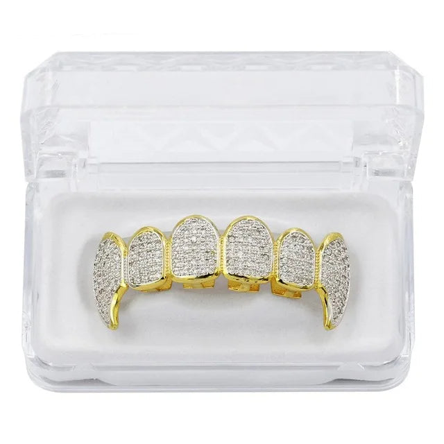 New Fit Silver Plated CZ Micro Pave Top & Bottom GRILL SET Rhodium Teeth Grills Vampire Tooth Grillz - DripVault