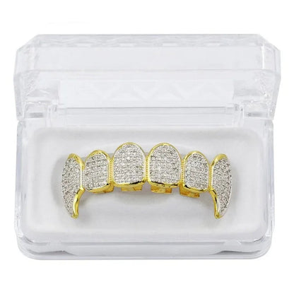 New Fit Silver Plated CZ Micro Pave Top & Bottom GRILL SET Rhodium Teeth Grills Vampire Tooth Grillz - DripVault