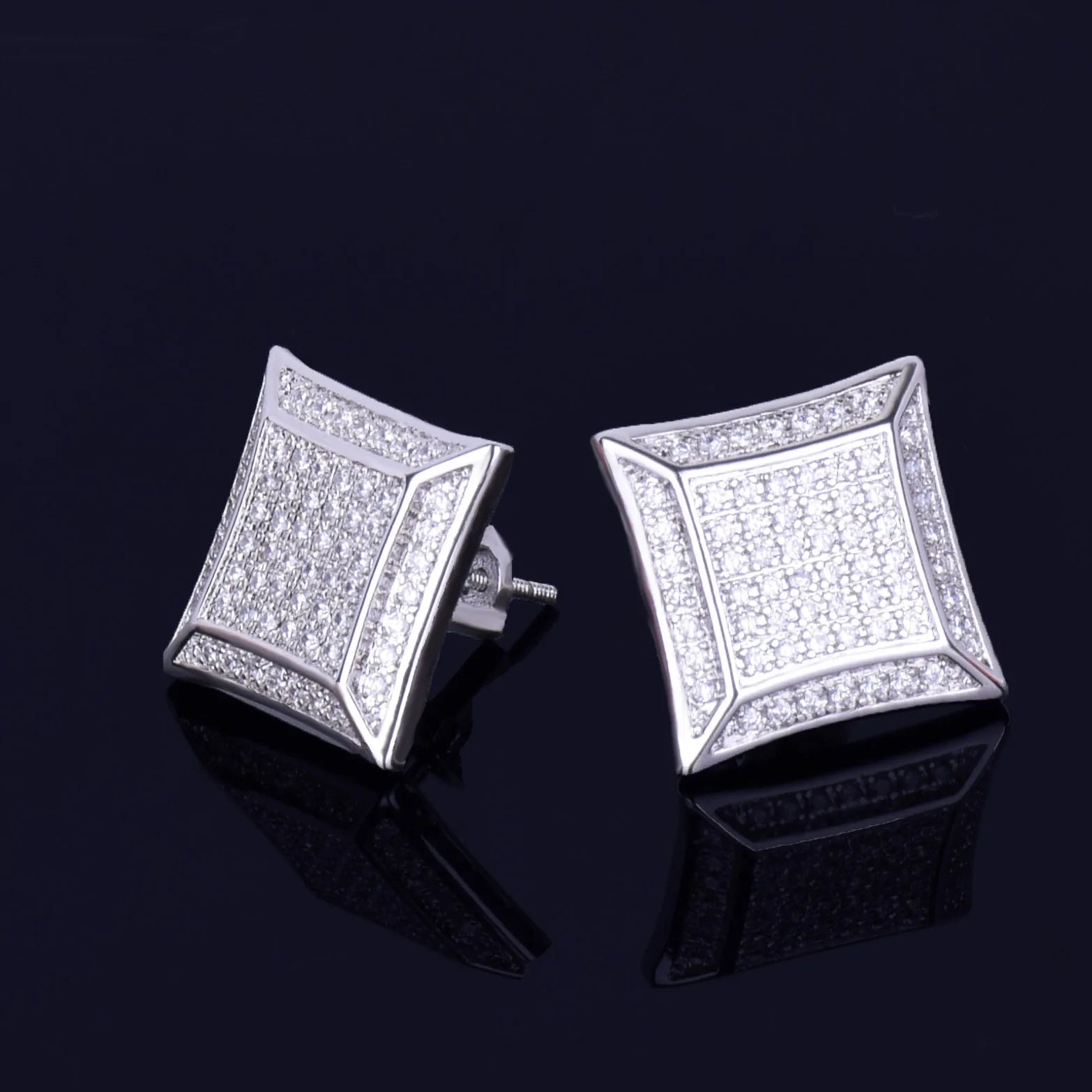 15MM Big Square Men Stud Earring Gold Color Full Cubic Zircon Screw Back Earrings Hip Hop Jewelry for Women - DripVault