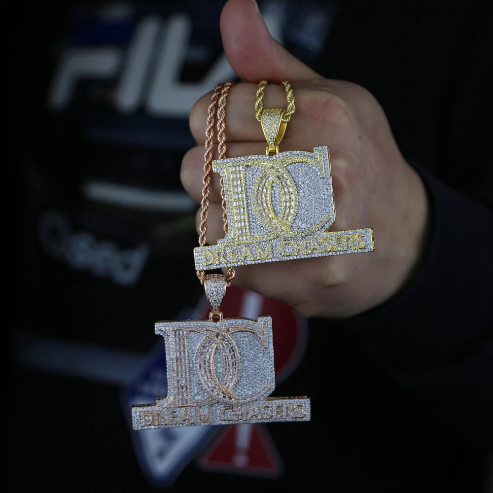 New Iced Out Bling Two Tone Color CZ Letter DC Pendant Necklace Dream Chasers Charm Men Fashion Hip Hop Jewelry - DripVault