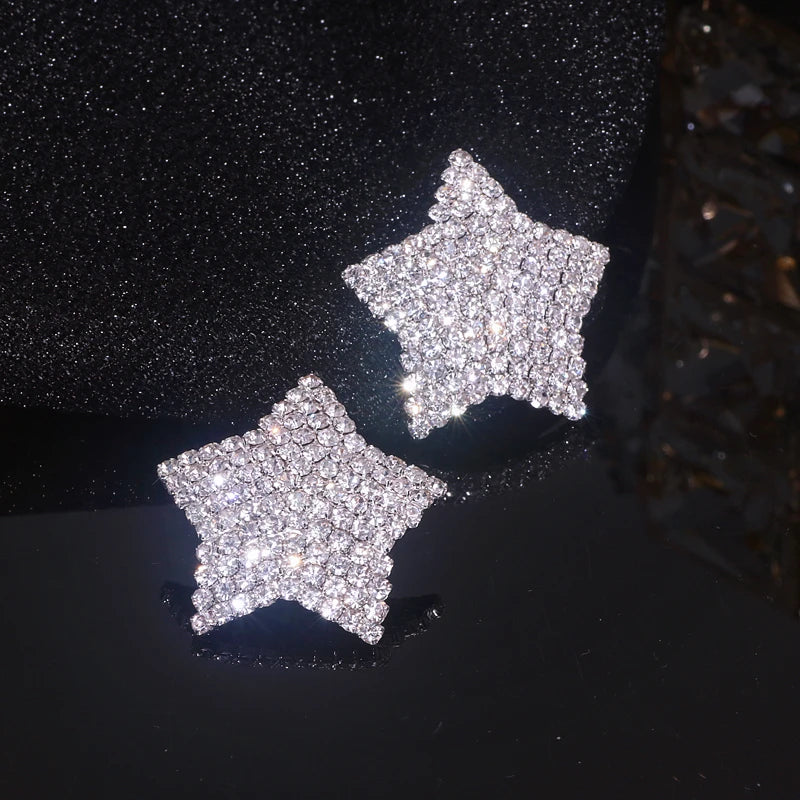 New Sparkling Crystal Heart Stud Earrings for Women Bijoux Geometric Big Square Full Rhinestones Earrings Wedding Jewelry - DripVault