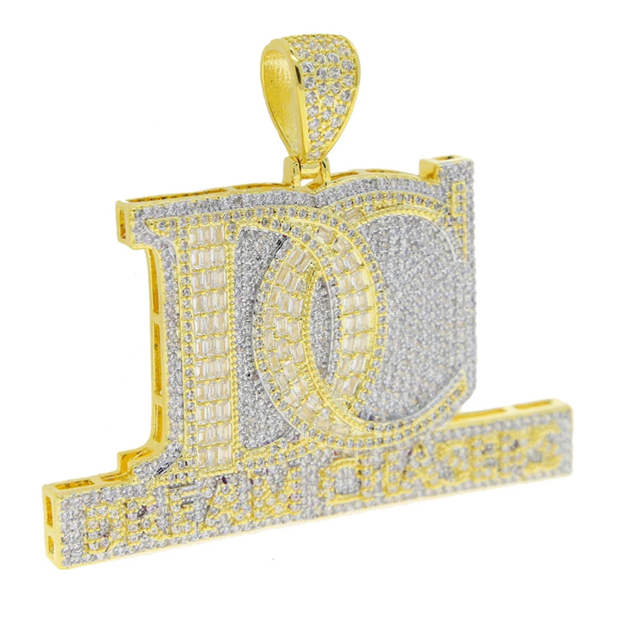 Iced Out Bling Two Tone Color CZ Letters Pendant Necklace Cubic Zirconia Various Design Badge Men Women Fashion Hip Hop Jewelry - DripVault