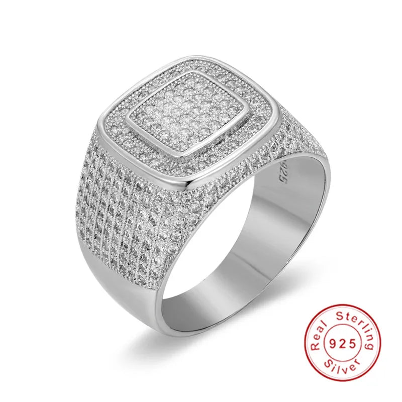 Luxury Hip Hop Micro Pave sona Diamond Stones All Iced Out Bling Ring Big 925 Sterling silver Rings for Men Jewelry - DripVault