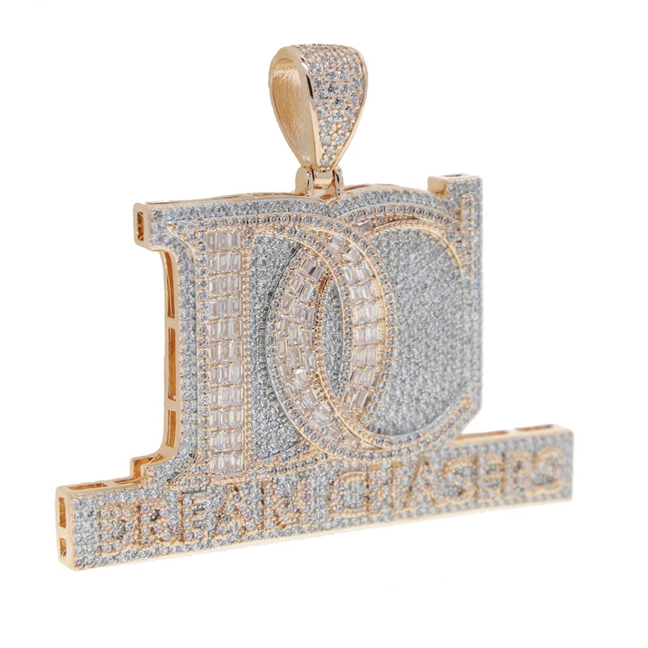 Iced Out Bling Two Tone Color CZ Letters Pendant Necklace Cubic Zirconia Various Design Badge Men Women Fashion Hip Hop Jewelry - DripVault