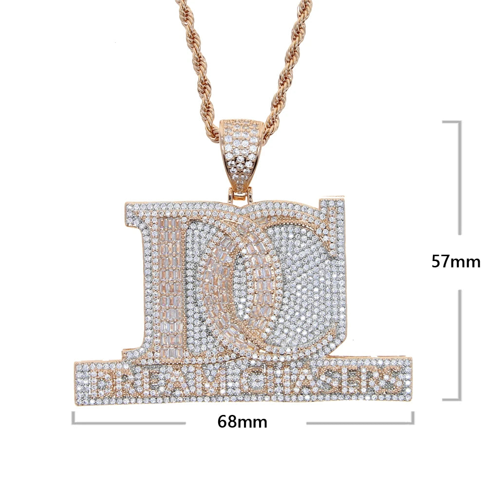 New Iced Out Bling Two Tone Color CZ Letter DC Pendant Necklace Dream Chasers Charm Men Fashion Hip Hop Jewelry - DripVault