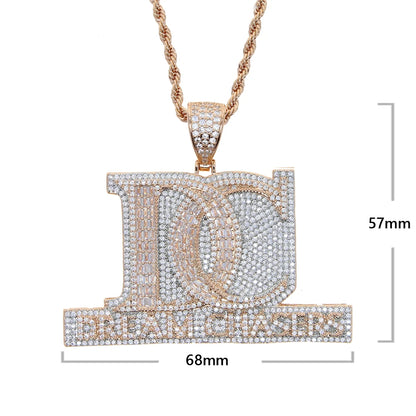 New Iced Out Bling Two Tone Color CZ Letter DC Pendant Necklace Dream Chasers Charm Men Fashion Hip Hop Jewelry - DripVault