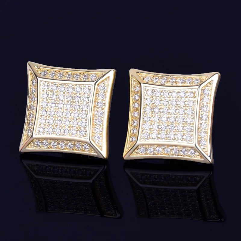 15MM Big Square Men Stud Earring Gold Color Full Cubic Zircon Screw Back Earrings Hip Hop Jewelry for Women - DripVault