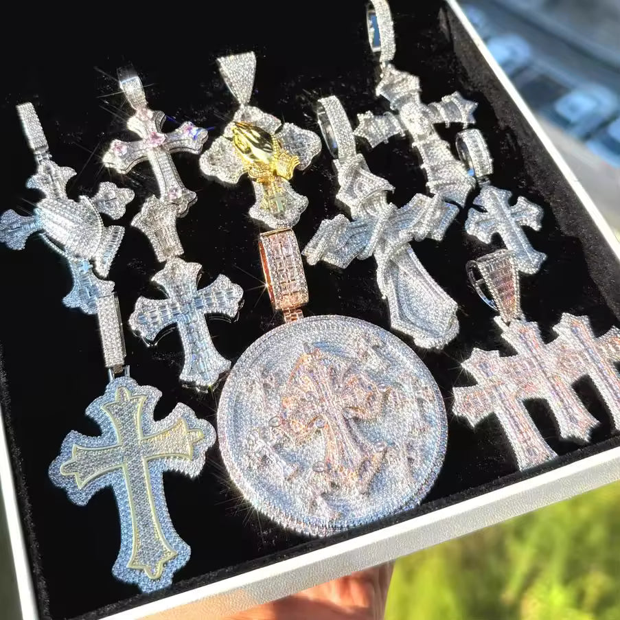 Iced Out Bling Big Cross Pendant Necklace Silver Color Prong Setting CZ - DripVault