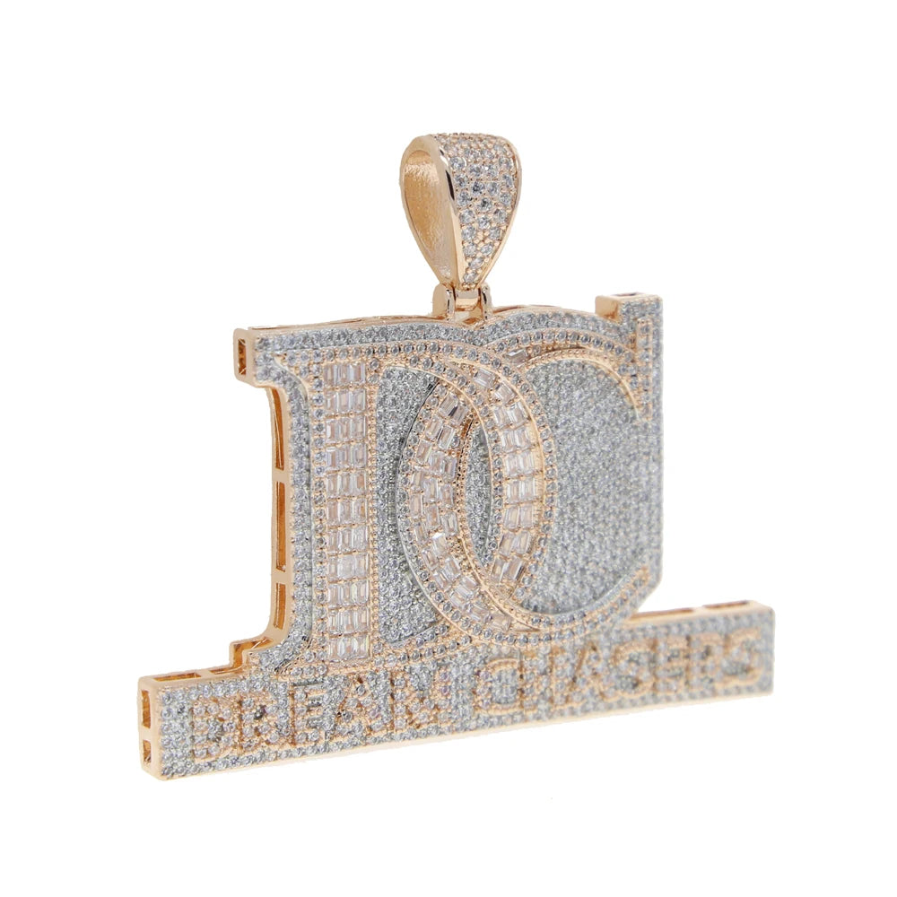 New Iced Out Bling Two Tone Color CZ Letter DC Pendant Necklace Dream Chasers Charm Men Fashion Hip Hop Jewelry - DripVault