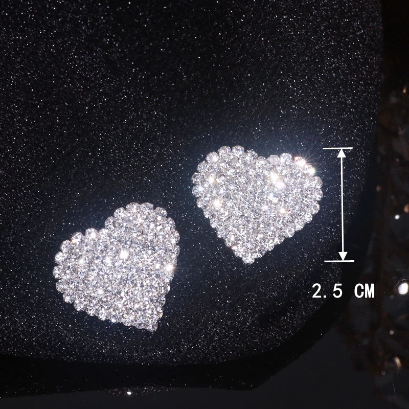 New Sparkling Crystal Heart Stud Earrings for Women Bijoux Geometric Big Square Full Rhinestones Earrings Wedding Jewelry - DripVault
