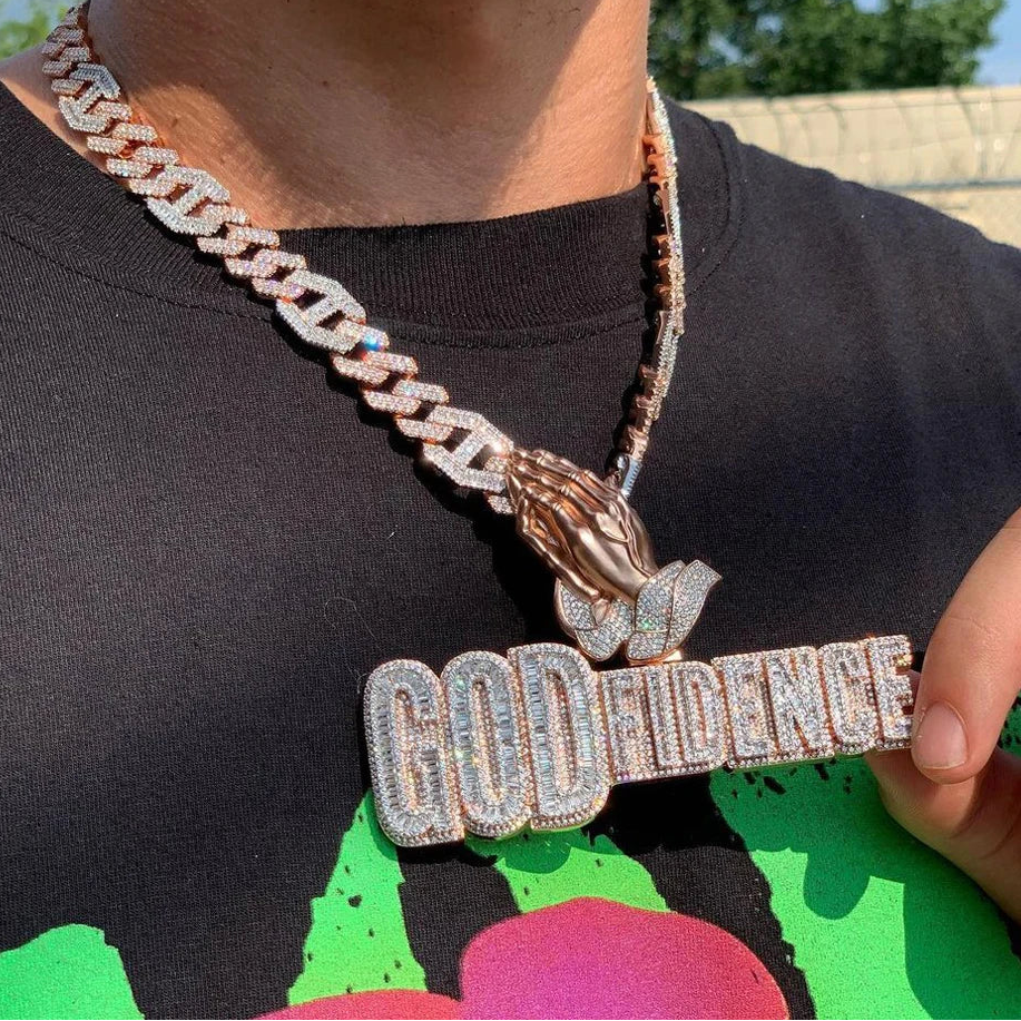 Iced Out Bling Two Tone Color CZ Letters Pendant Necklace Cubic Zirconia Various Design Badge Men Women Fashion Hip Hop Jewelry - DripVault