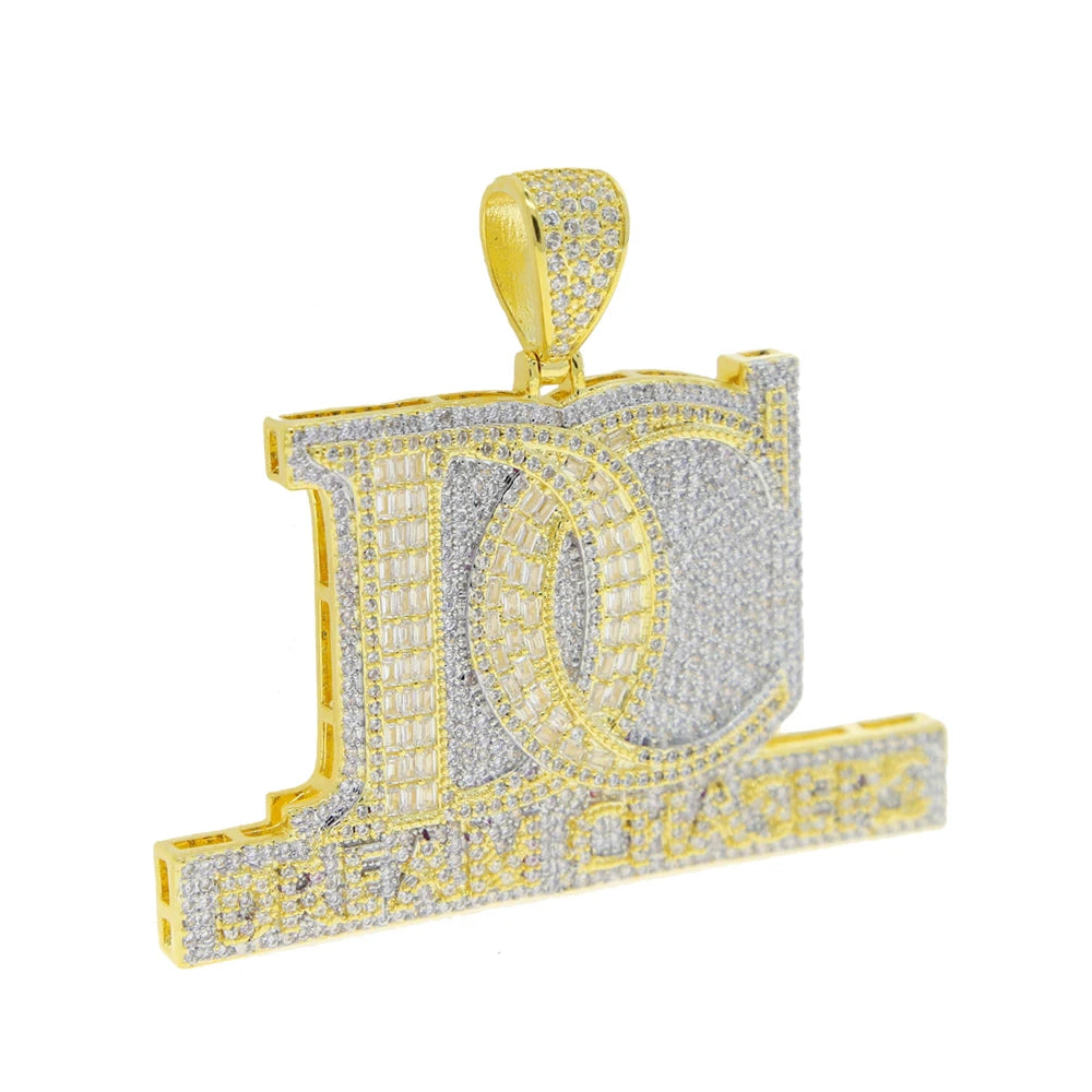New Iced Out Bling Two Tone Color CZ Letter DC Pendant Necklace Dream Chasers Charm Men Fashion Hip Hop Jewelry - DripVault