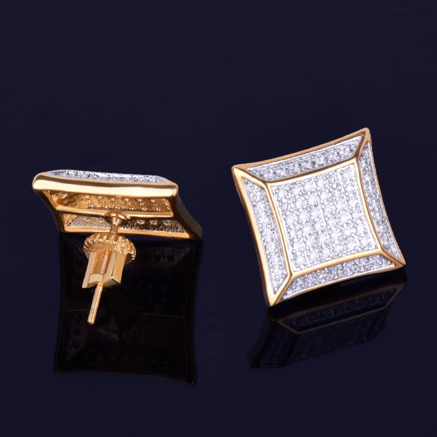 15MM Big Square Men Stud Earring Gold Color Full Cubic Zircon Screw Back Earrings Hip Hop Jewelry for Women - DripVault