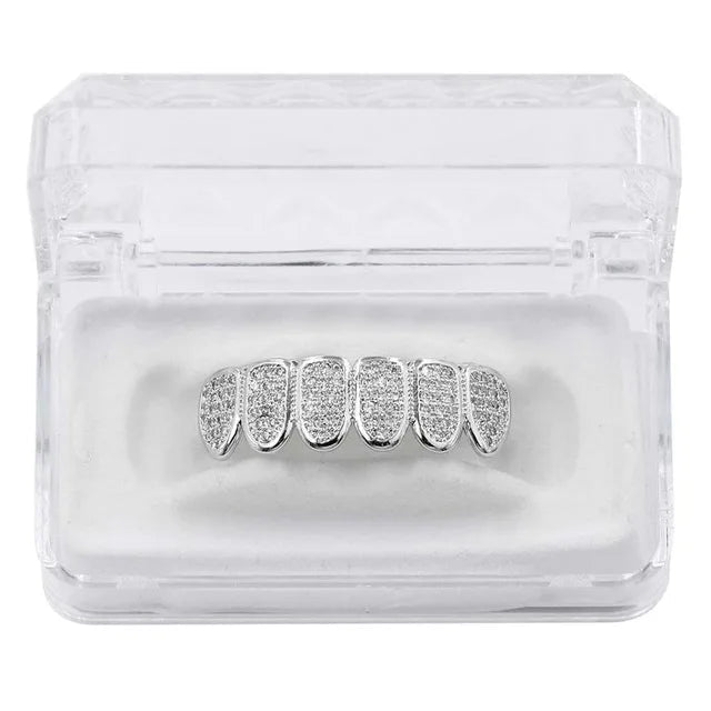 New Fit Silver Plated CZ Micro Pave Top & Bottom GRILL SET Rhodium Teeth Grills Vampire Tooth Grillz - DripVault