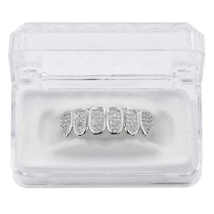 New Fit Silver Plated CZ Micro Pave Top & Bottom GRILL SET Rhodium Teeth Grills Vampire Tooth Grillz - DripVault