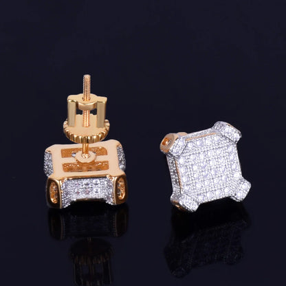 10MM Square Stud Earring Gold Color Charm Screw Back Full AAAA Zircon Women Men's Fashion Earrings Hip Hop Jewelry - DripVault