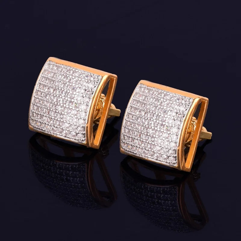 12MM Square Men Women Stud Earring Gold Color Iced Cubic Zircon Screw Back Earrings Hip Hop Jewelry - DripVault