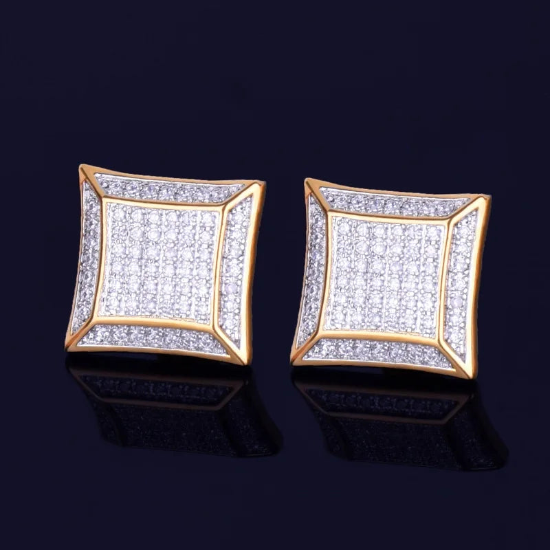 15MM Big Square Men Stud Earring Gold Color Full Cubic Zircon Screw Back Earrings Hip Hop Jewelry for Women - DripVault