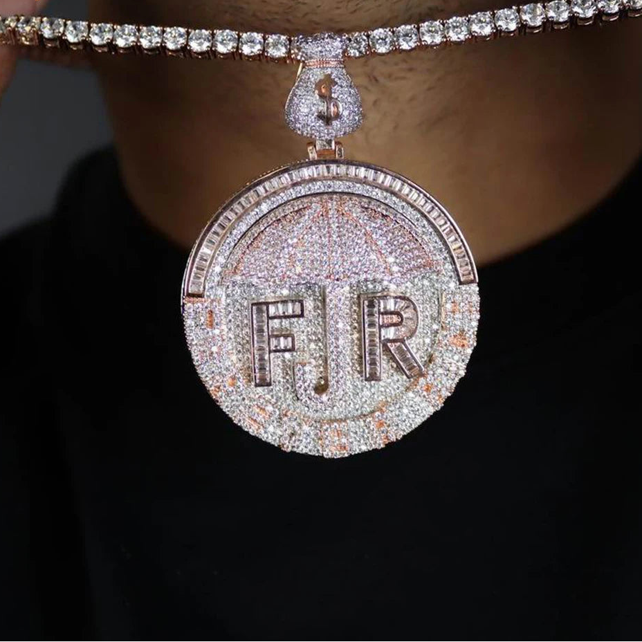 Iced Out Bling Two Tone Color CZ Letters Pendant Necklace Cubic Zirconia Various Design Badge Men Women Fashion Hip Hop Jewelry - DripVault