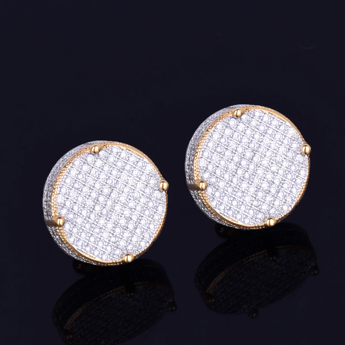 14MM Gold Color Big Round Stud Earring AAAAA Cubic Zircon Screw Back Men's Earrings Fashion Hip Hop Jewelry - DripVault