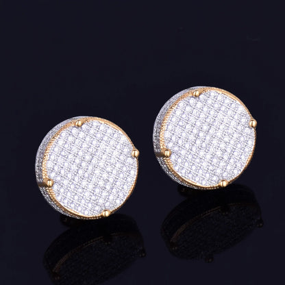 14MM Gold Color Big Round Stud Earring AAAAA Cubic Zircon Screw Back Men's Earrings Fashion Hip Hop Jewelry - DripVault