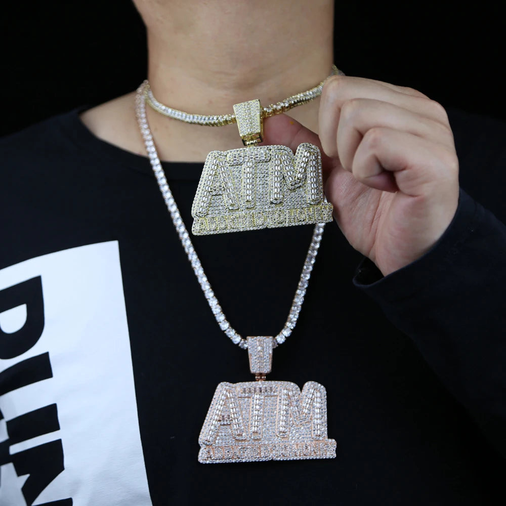 Iced Out Bling 5A CZ Letters ATM Addicted To Money Pendant Necklace 2 Colors Cubicz Zircon Men's HipHop 5mm Tennis Chain Jewelry - DripVault