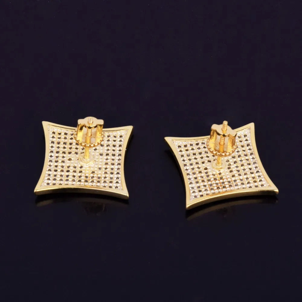 Iced Square Masonic Freemasonry Stud Earring Gold Color Cubic Zircon Earrings For Men Hip Hop Jewelry For Gift 15mm - DripVault