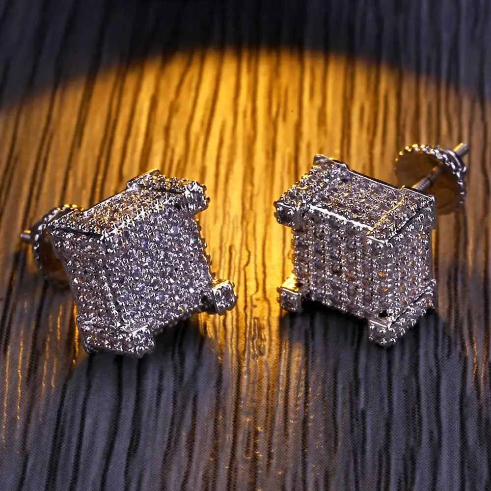 Iced Out Micro Pave CZ Stone Square Stud Earring Hip Hop Rock Jewelry Earrings For Women Men - DripVault