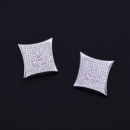 Iced Square Masonic Freemasonry Stud Earring Gold Color Cubic Zircon Earrings For Men Hip Hop Jewelry For Gift 15mm - DripVault