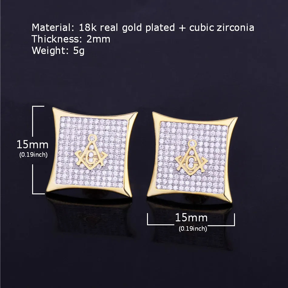 Iced Square Masonic Freemasonry Stud Earring Gold Color Cubic Zircon Earrings For Men Hip Hop Jewelry For Gift 15mm - DripVault