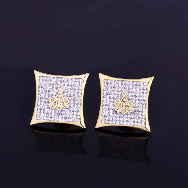 Iced Square Masonic Freemasonry Stud Earring Gold Color Cubic Zircon Earrings For Men Hip Hop Jewelry For Gift 15mm - DripVault