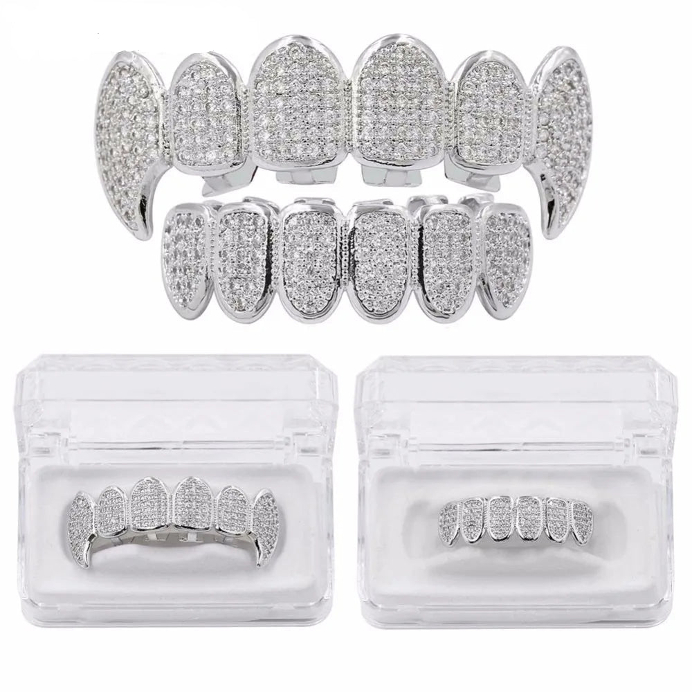 New Fit Silver Plated CZ Micro Pave Top & Bottom GRILL SET Rhodium Teeth Grills Vampire Tooth Grillz - DripVault